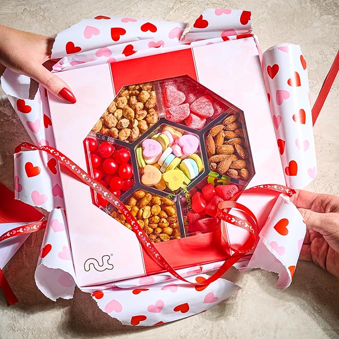 NUT CRAVINGS - Thanksgiving Mixed Nuts & Heart Candy Gift Basket in Red Gold Box (7 Assortments, 1 LB) Holiday Xmas Christmas Food Arrangement, Healthy Snack Care Package