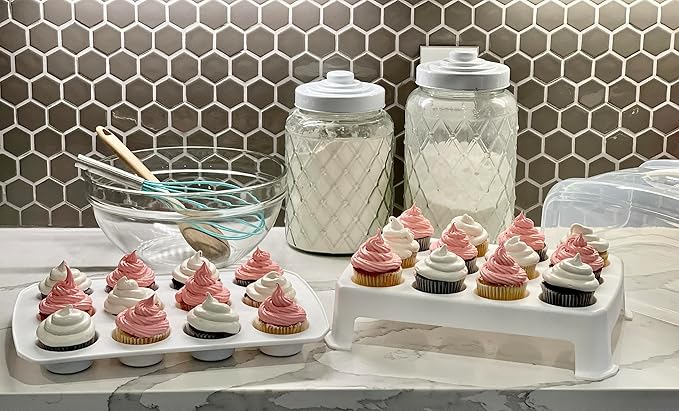 Cupcake Carrier, White Cupcake Holder Carries 24 Standard-Size Cupcakes, Muffin Traveler Two Tier Stand Reusable Cupcake Box