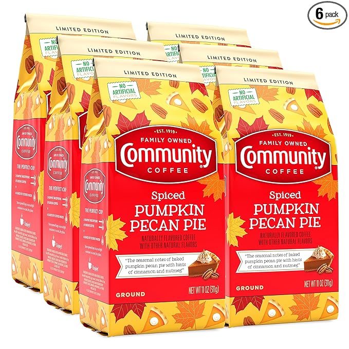 Community Coffee Spiced Pumpkin Pecan Pie Flavored Ground Coffee, Limited Edition, Medium Roast, 11 oz Bag (Pack of 6)