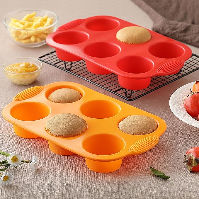 2PCS Silicone Muffin Cupcake Pan Molds, 6-Cavity Non Stick Silicone Muffin Pans for Baking Muffin, Cupcakes, Brownies and More, Food Grade and BPA Free (Orange and Red)