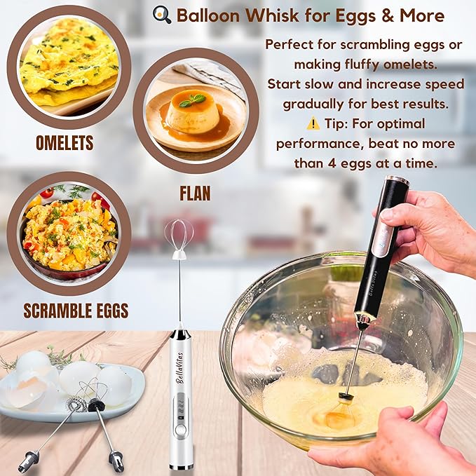 Milk Frother Handheld Rechargeable 3-Speed Electric Frother Wand Whisk Foam Maker Drink Mixer with Stand, 2 Whisks, Spice Shaker, Art Stencils, Art Pen for Coffee Latte, Cappuccino, White