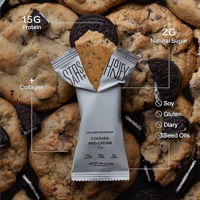 Stars + Honey Protein Bars- Cookies and Cream,15g Protein, 2g Sugar, w/Collagen Keto Friendly Snack - Gluten, Dairy, & Soy Free - High-Protein Snacks for Energy & Recovery-10 pack