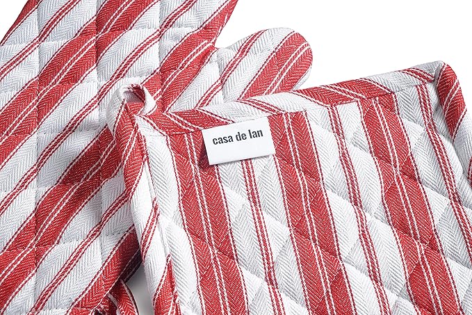 1 Oven Mitt, 1 PotHolder & 1 Kitchen Apron Set - Durable Heat Resistant Gloves - Thick Mittens for Kitchen - Suitable for Cooking, Baking, Grilling – Men & Women – Bright Red Stripes - Casa De Lan