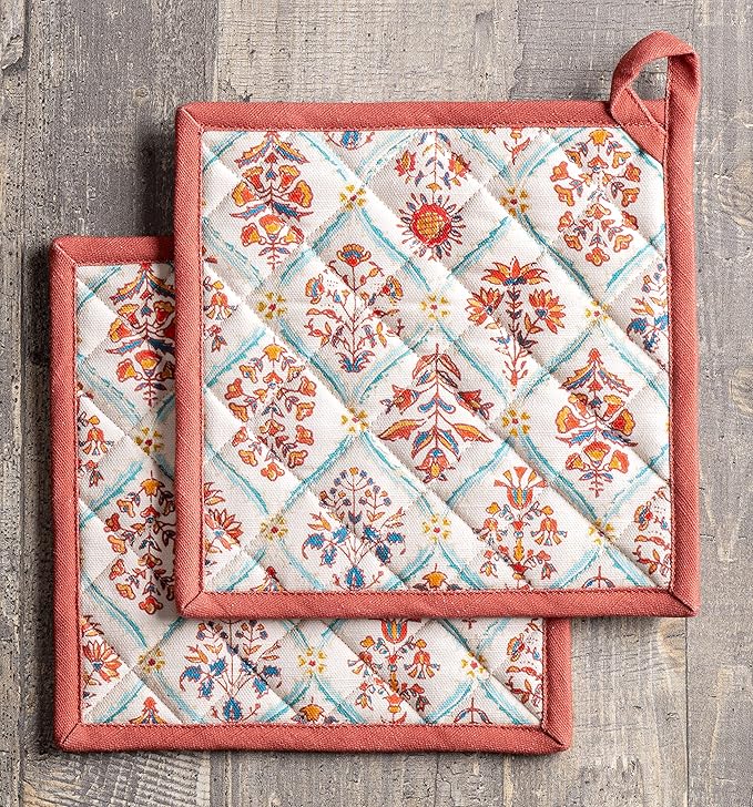 Maison d' Hermine Pot Holders Set 100% Cotton Heat Resistant Potholders 8" x 8" Hot Pads with Loop BBQ, Cooking, Baking, Grilling, Kitchen, Handling Hot Pans (Pack of 2, Romane)