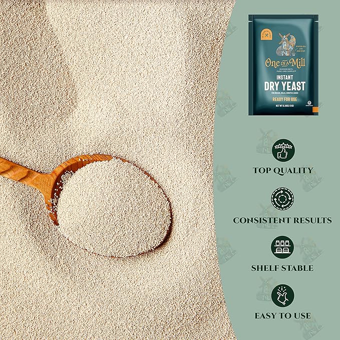 One in a Mill Instant Dry Yeast Packets | Fast Acting Self Rising Yeast for Baking Bread, Cake, Pizza Dough Crust | Kosher | Quick Rapid Rise Leavening Agent for Pastries | 24 Packets