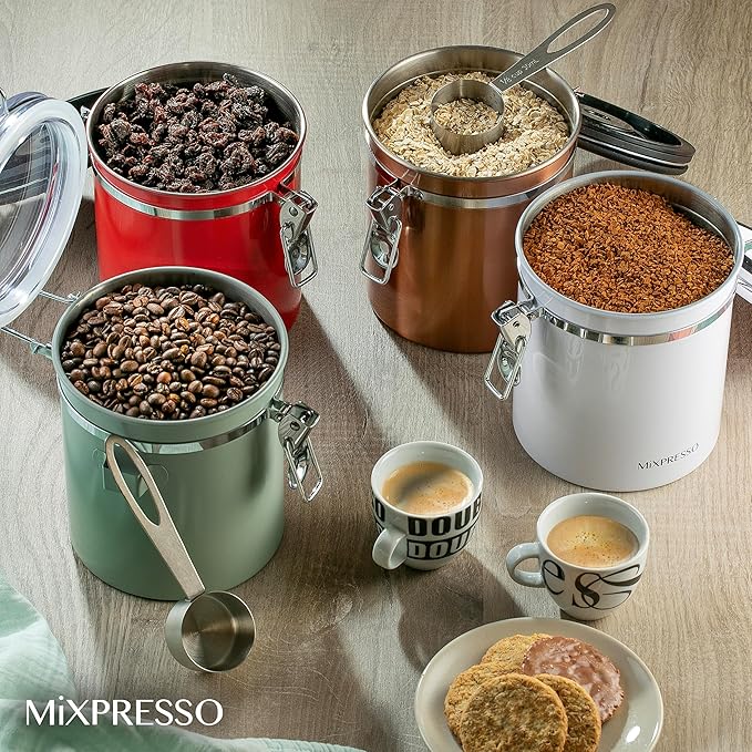Mixpresso 16 Oz White Coffee Canister, Stainless Steel Airtight Coffee Container, Air tight Jar Tea Storage with Date Tracker, Vacuum Sealed Espresso Airtight Canister, Sugar Container for Home