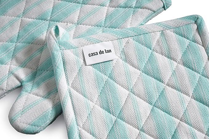 1 Oven Mitt, 1 PotHolder & 1 Kitchen Apron Set - Durable Heat Resistant Gloves - Thick Mittens for Kitchen - Suitable for Cooking, Baking, Grilling – Men & Women – Light Blue Stripes