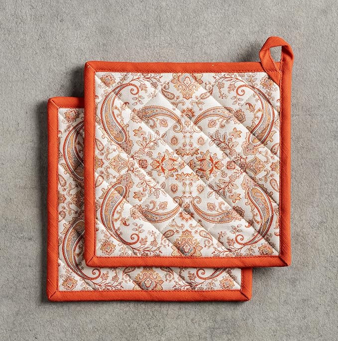 Maison d' Hermine Pot Holders Set 100% Cotton Heat Resistant Potholders 8" x 8" Hot Pads with Loop BBQ, Cooking, Baking, Grilling, Kitchen, Handling Hot Pans (Pack of 2, Cachemire)