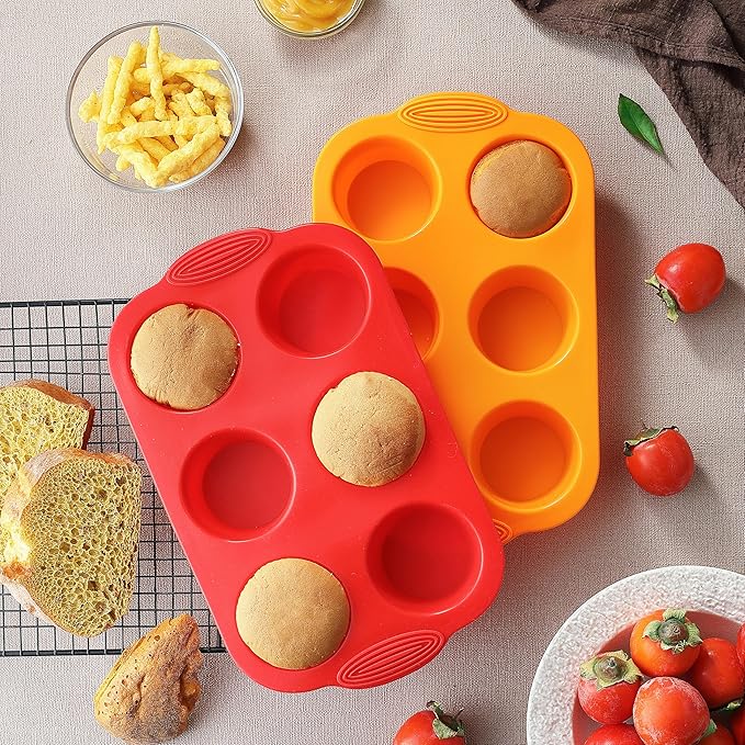 2PCS Silicone Muffin Cupcake Pan Molds, 6-Cavity Non Stick Silicone Muffin Pans for Baking Muffin, Cupcakes, Brownies and More, Food Grade and BPA Free (Orange and Red)