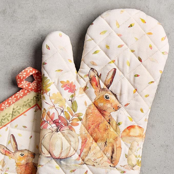 Maison d' Hermine 100% Cotton Oven Mitt & Pot Holder Set (7.5"x13" & 8"x8") Heat Resistant BBQ Cooking Gloves with Loop, Baking, Grilling, Kitchen, Handling Hot Pans (Pumpkin Passion)