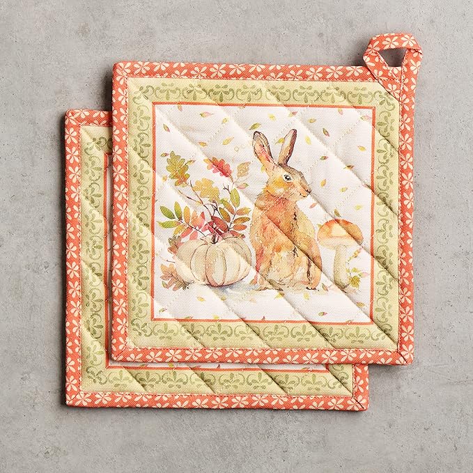 Maison d' Hermine Pot Holders Set 100% Cotton Heat Resistant Potholders 8" x 8" Hot Pads with Loop BBQ, Cooking, Baking, Grilling, Kitchen, Handling Hot Pans (Pack of 2, Pumpkin Passion)